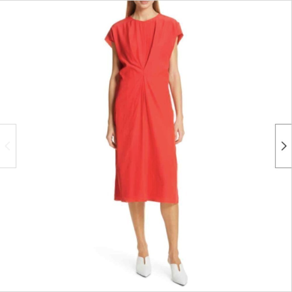 Lewit Center Pleat Cap-Sleeve Georgette Silk Shift Dress Midi Classic Minimalist